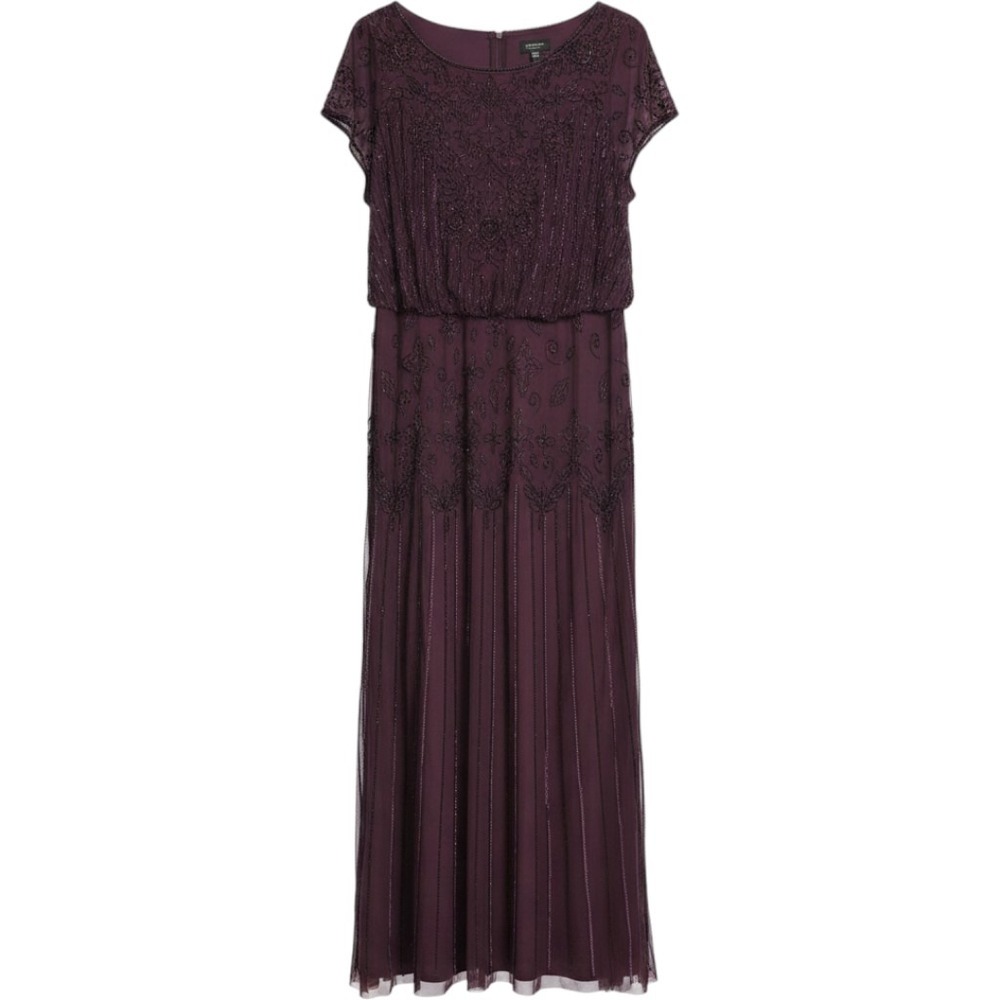 Adrianna Papell Plum Purple Beaded Sequin Blouson Maxi Gown Dress Plus Size 24W